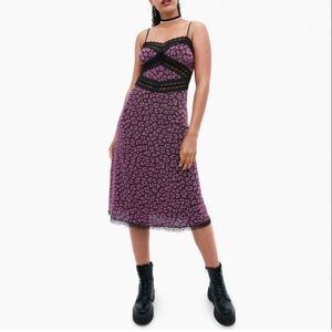 🆕 Betsey Johnson Black Lace Pink Leopard Slip Dress Vintage Style Metallic S NWT